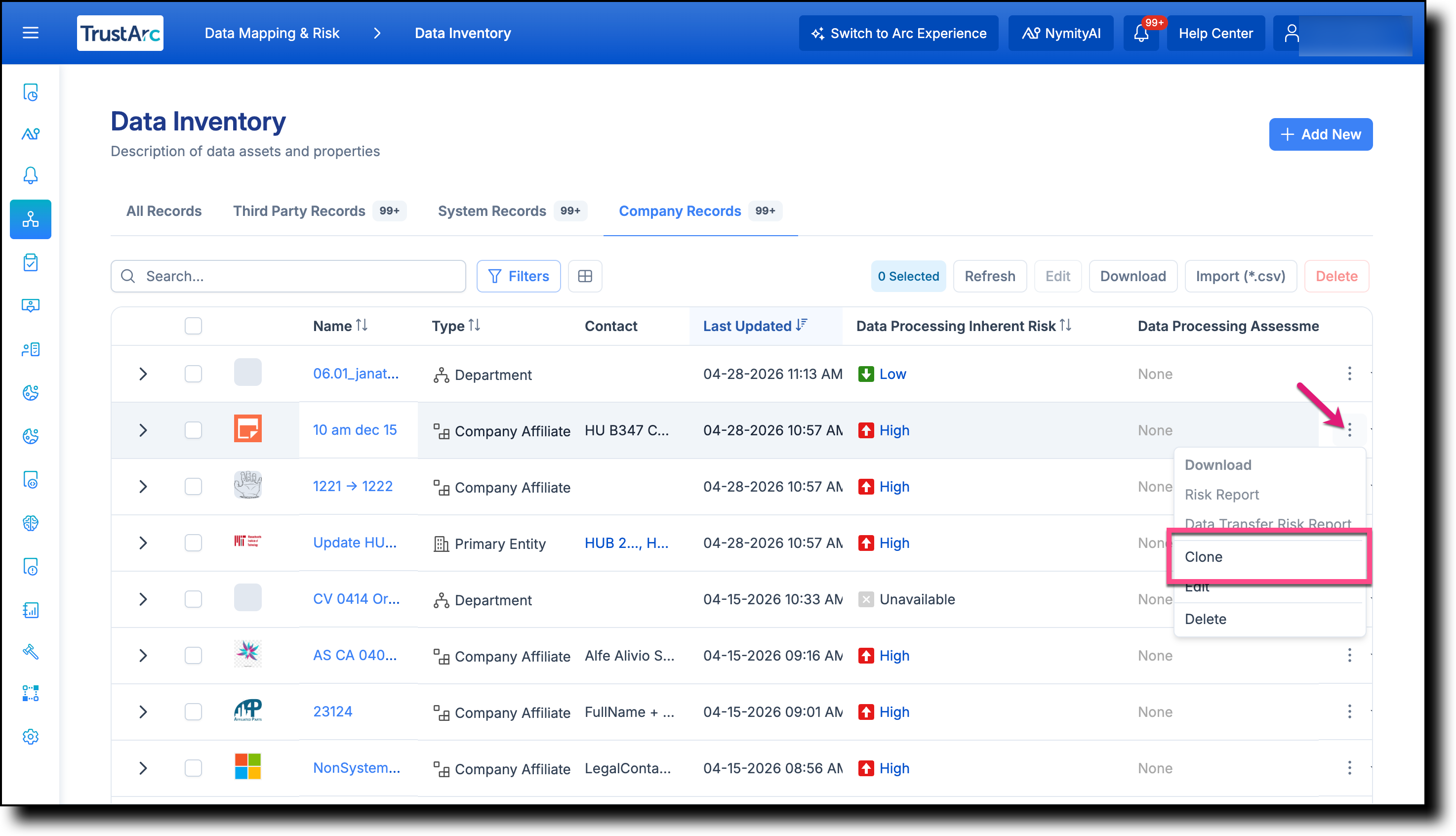 Data Inventory record list with the ellipsis menu open and Clone option highlighted
