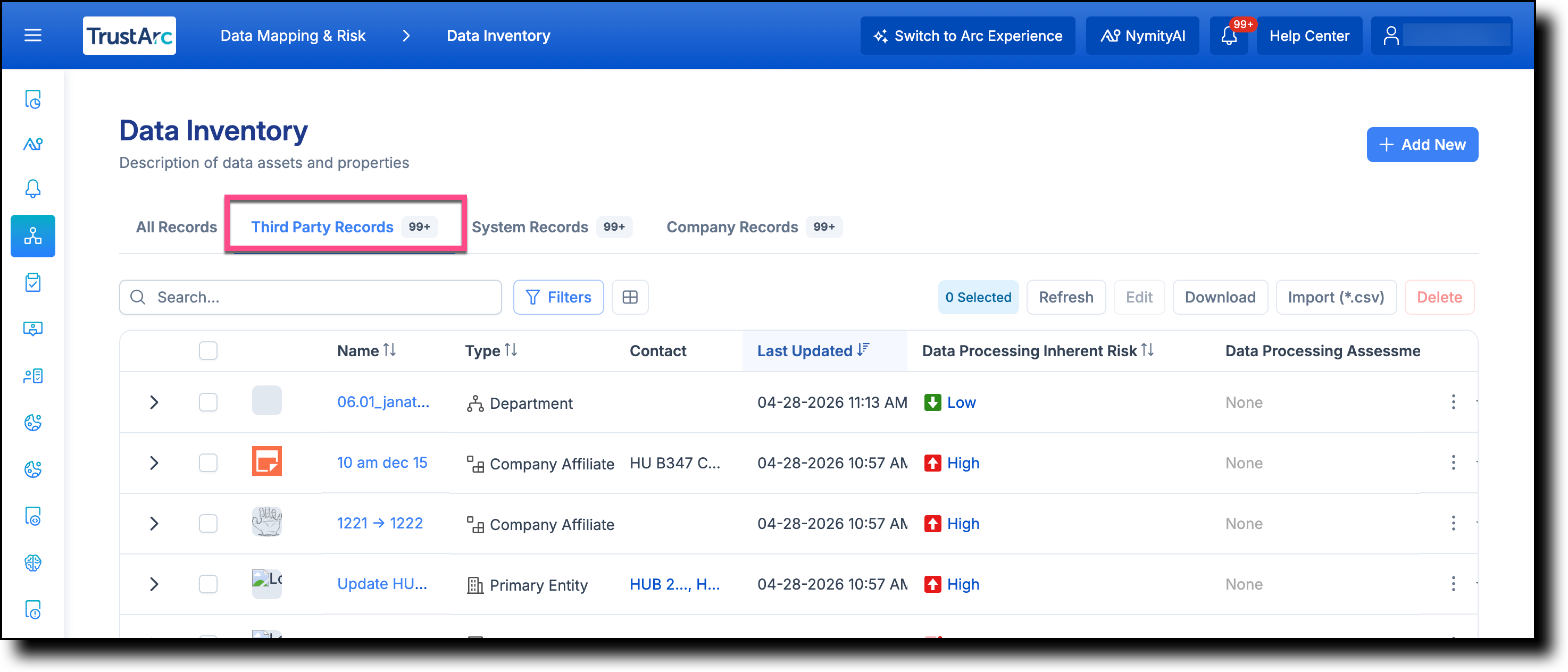 Data Inventory page with the Third Party Records tab selected