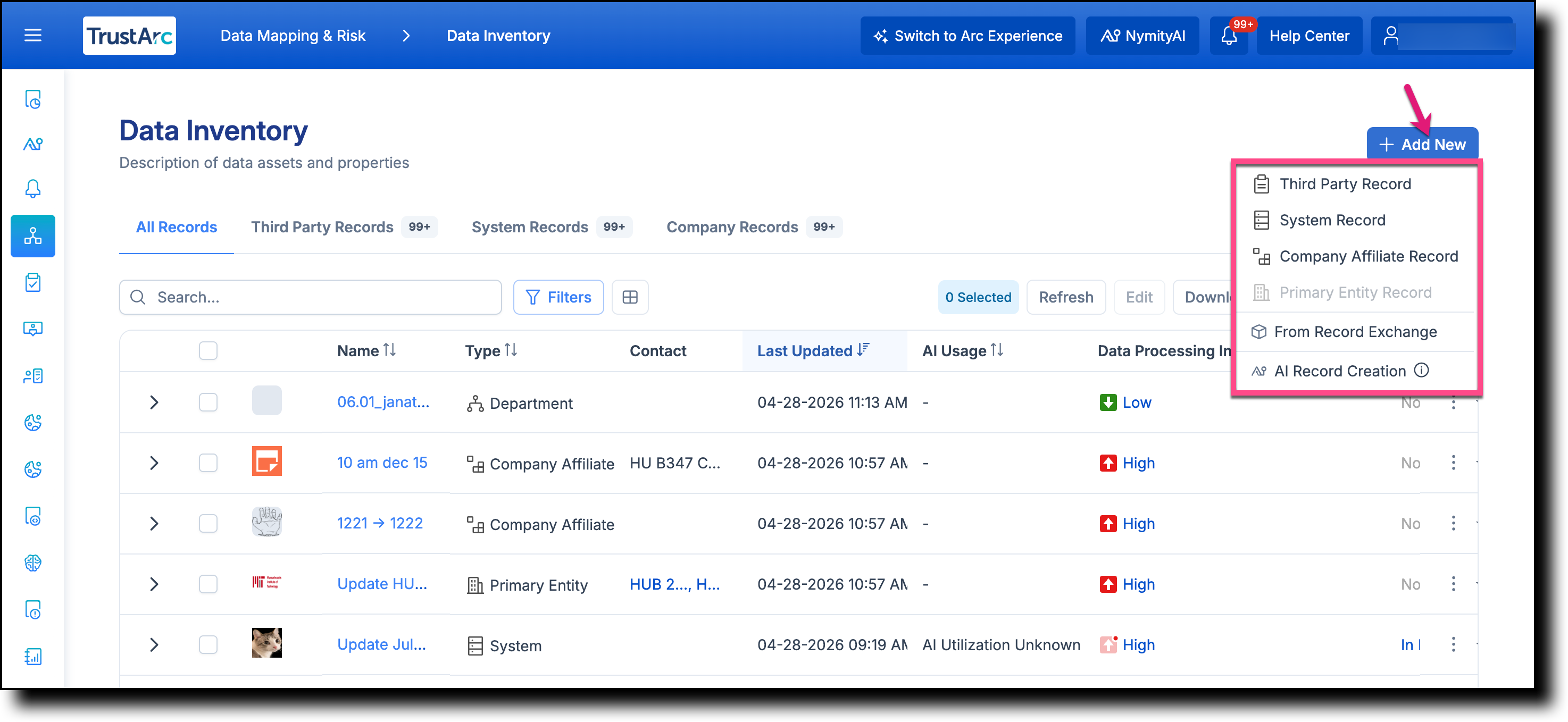 Data Inventory list page showing the Add New button and the record type selection dropdown