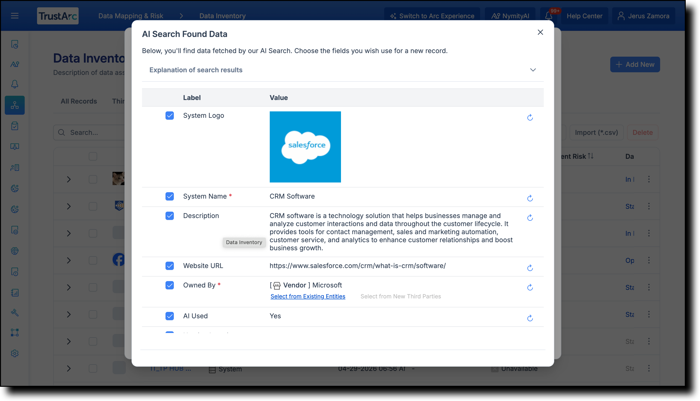 AI Search Found Data modal showing selectable fields