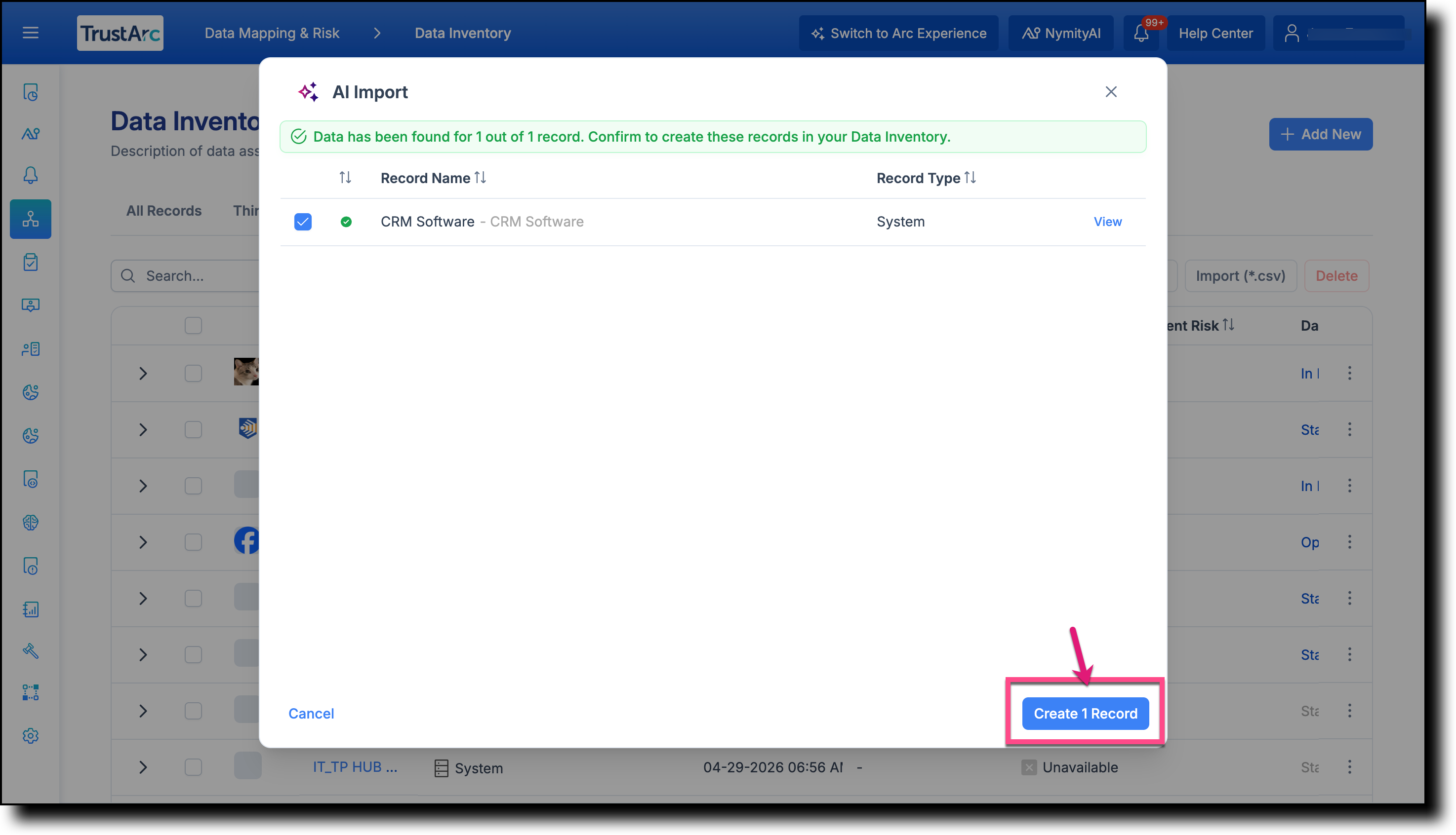 Create Record button in the AI Import modal