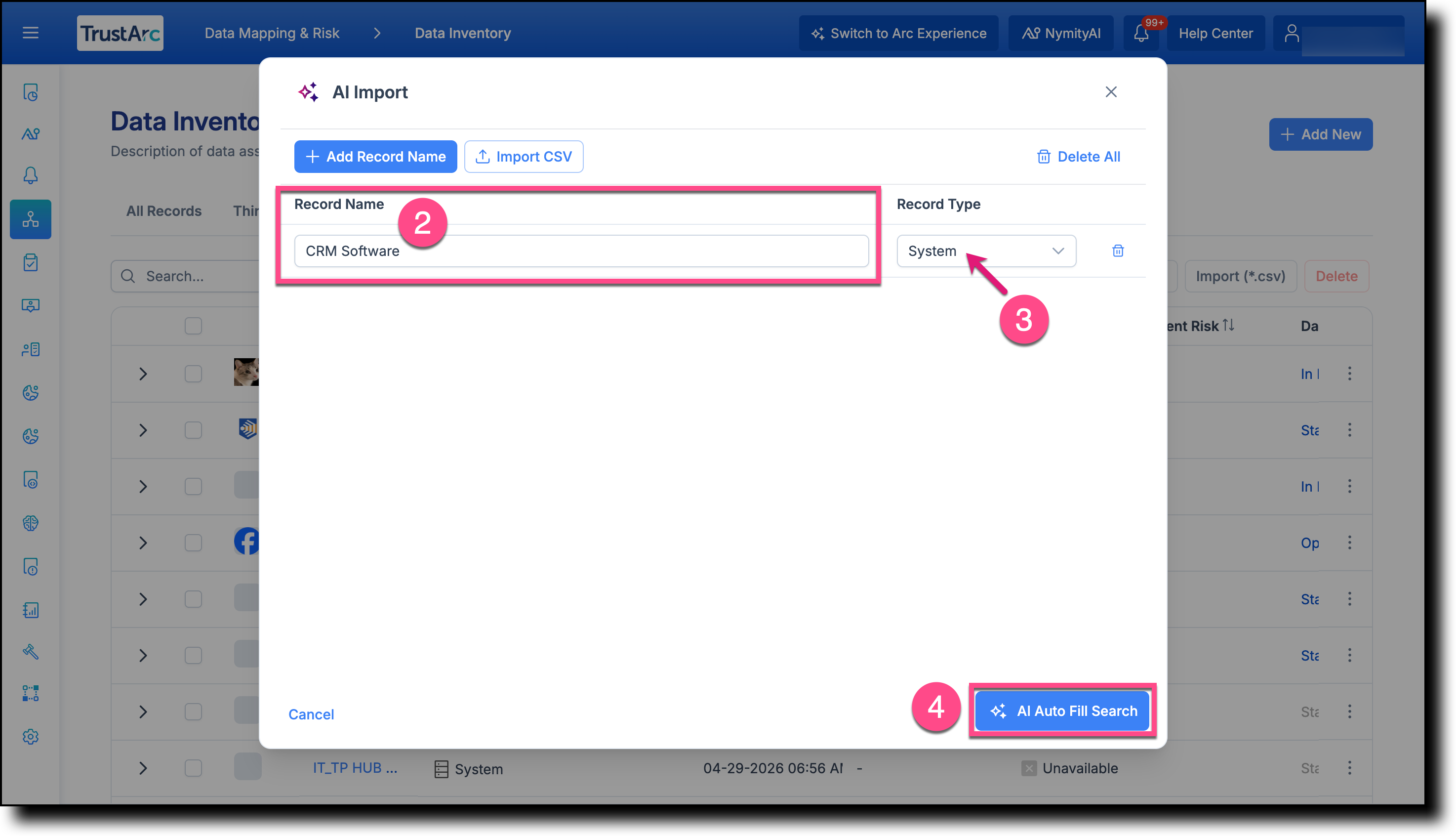 AI Import modal with Add Record Name, record name field, record type, and AI Auto Fill Search callouts