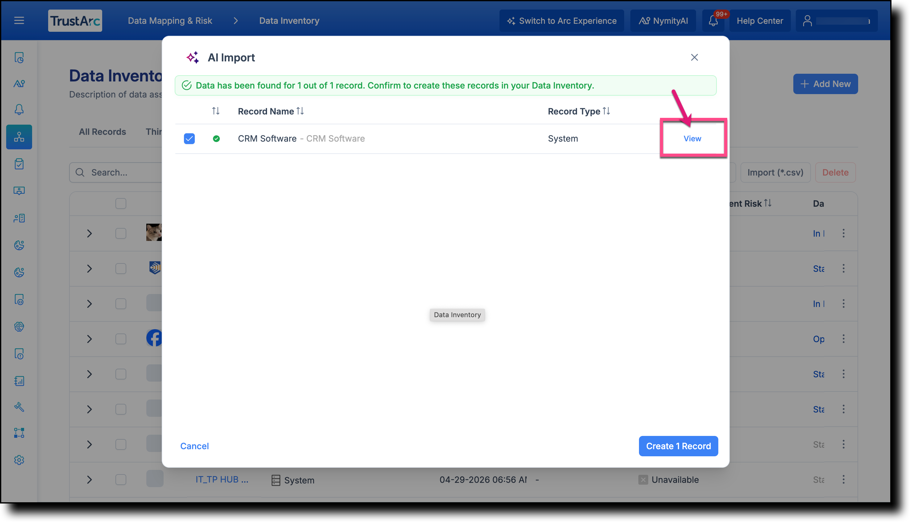Record row showing the View button after AI data has been fetched