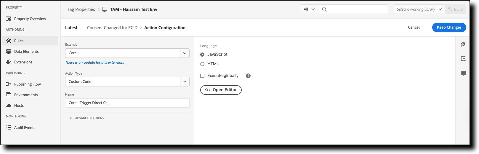Consent Change action configuration