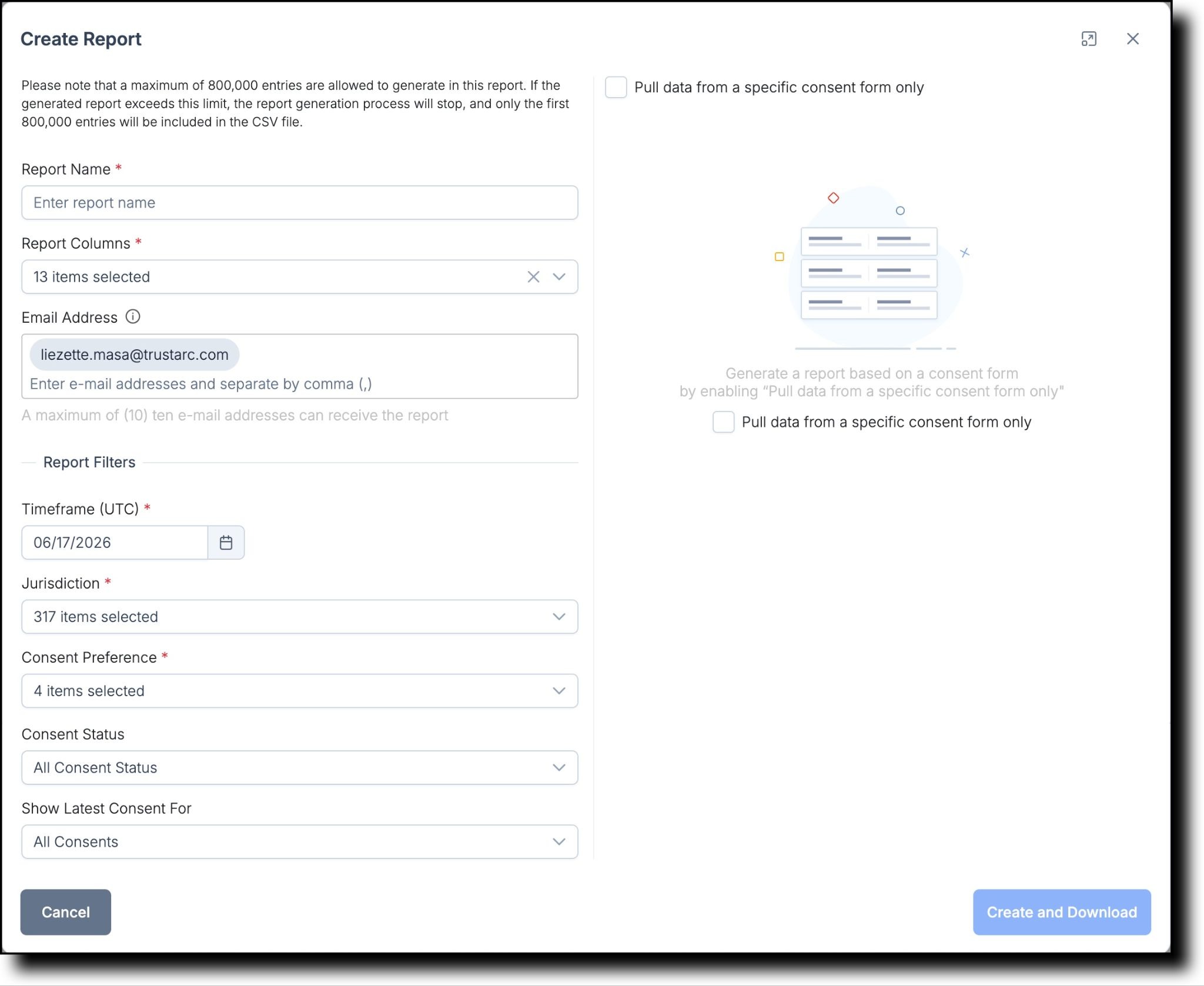 Create Report modal