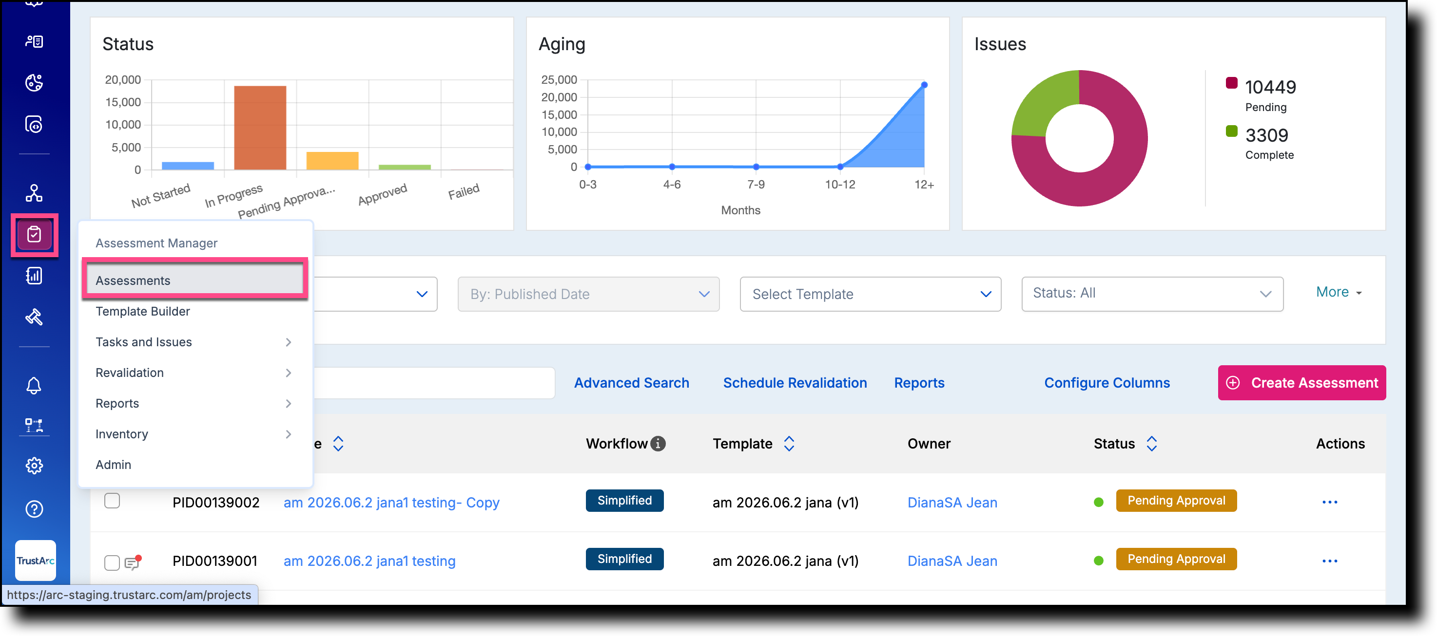 Assessment Manager navigation — Assessments menu item