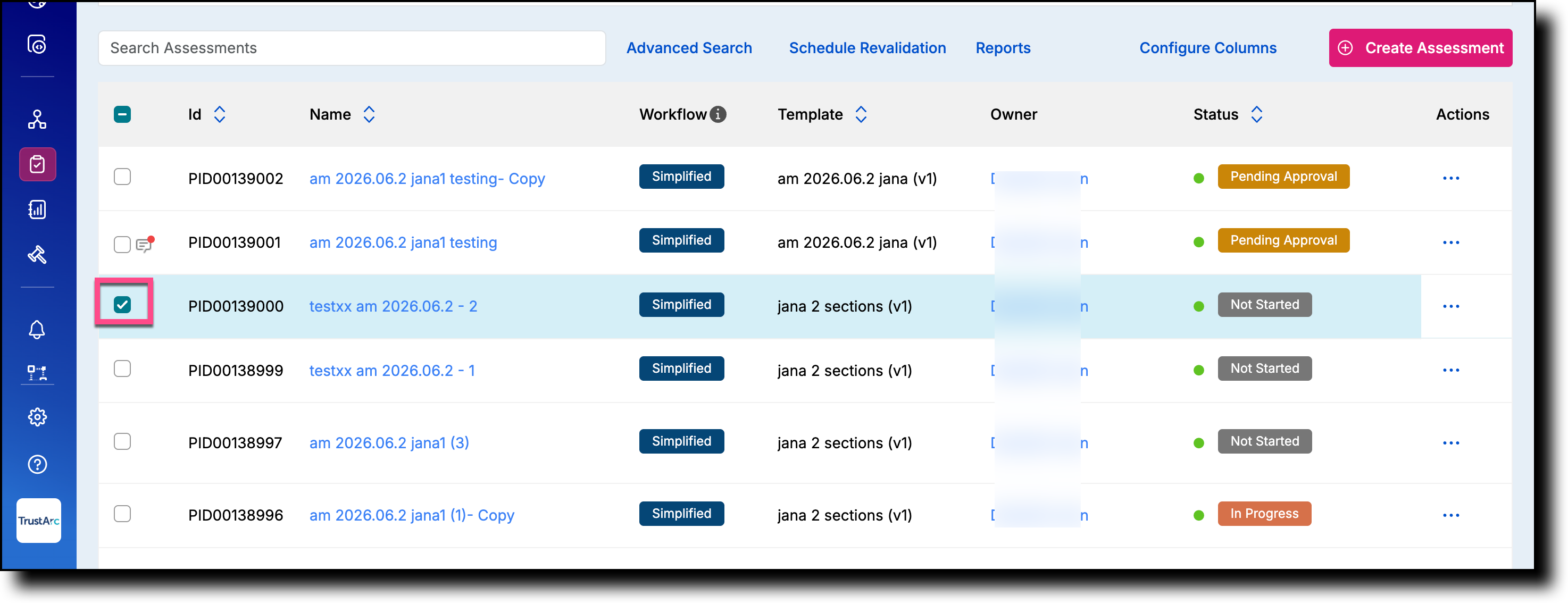 Assessment list — selecting a record with the checkbox