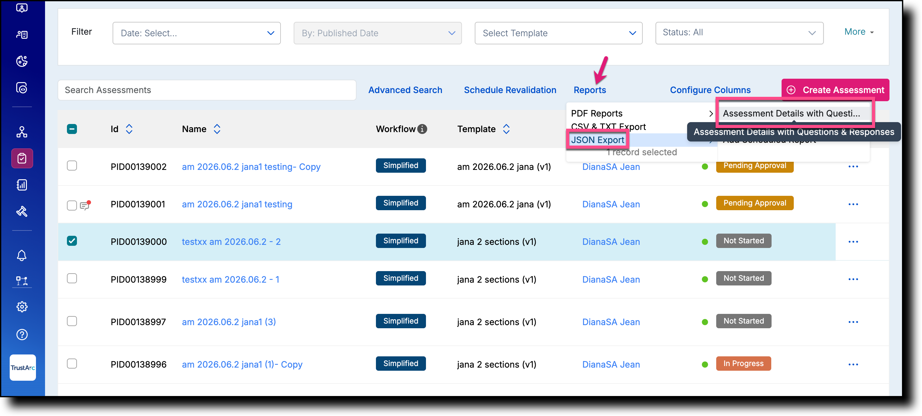 Reports menu — JSON Export — Assessment Details with Questions and Responses