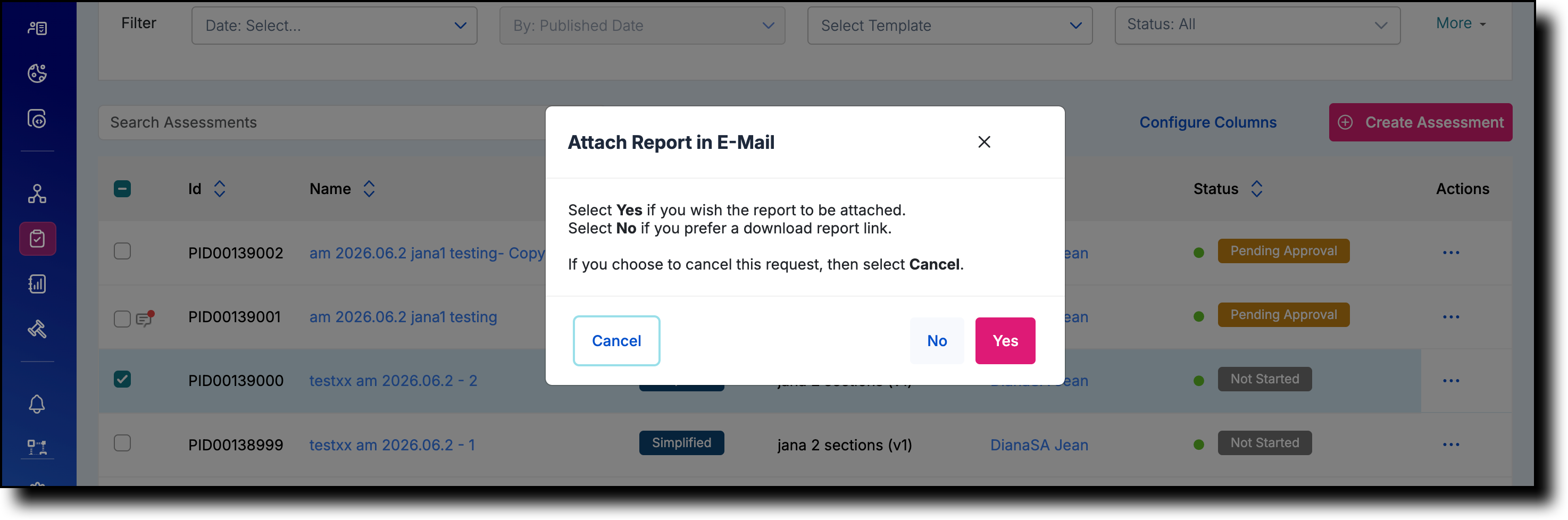 Export confirmation dialog — Yes or No for email attachment