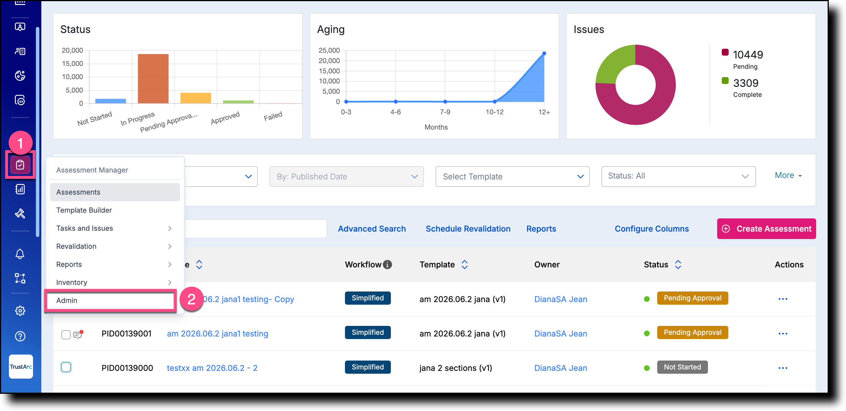 Assessment Manager left navigation — hovering to reveal Admin menu item