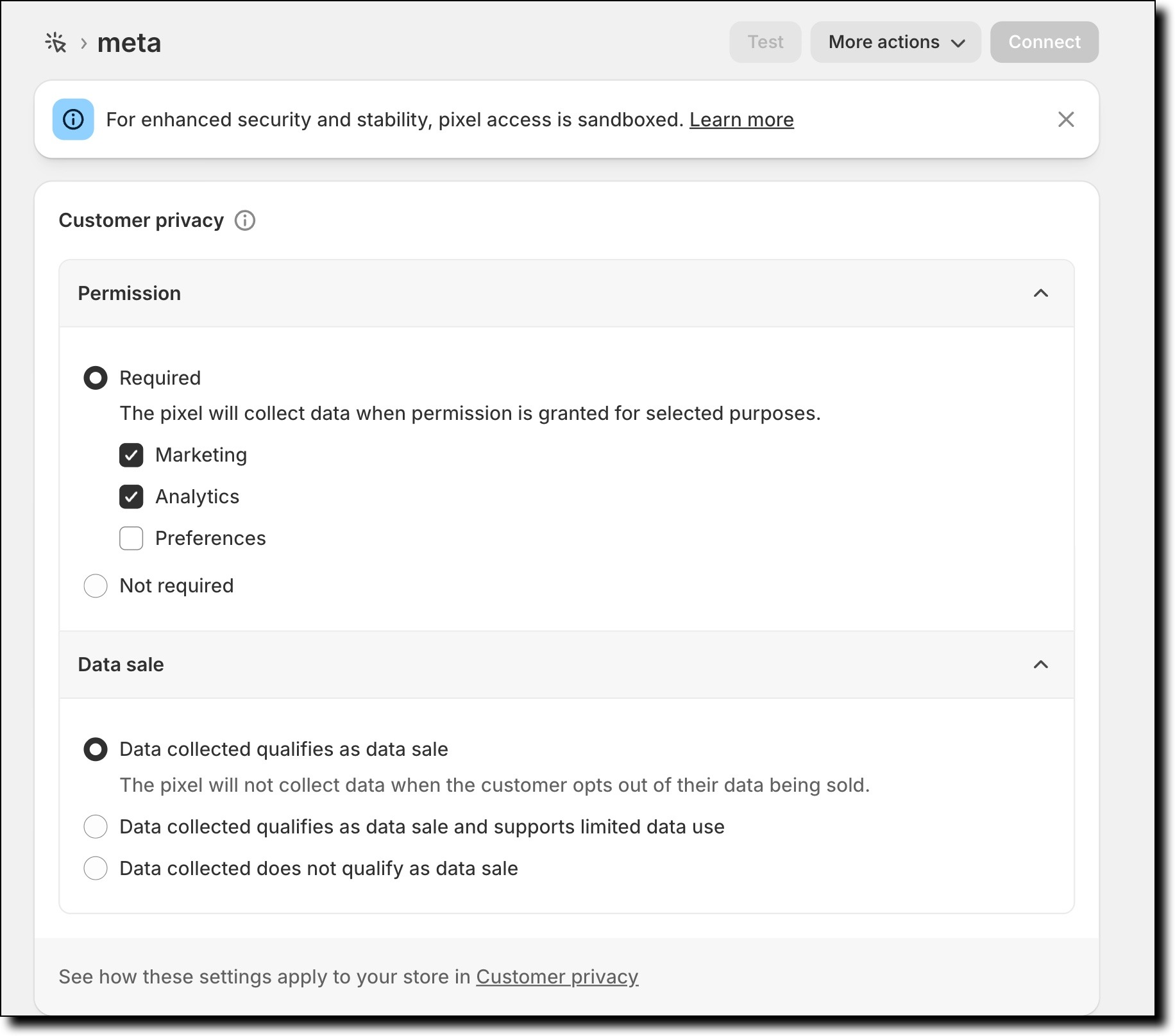Custom Pixel Customer Privacy settings