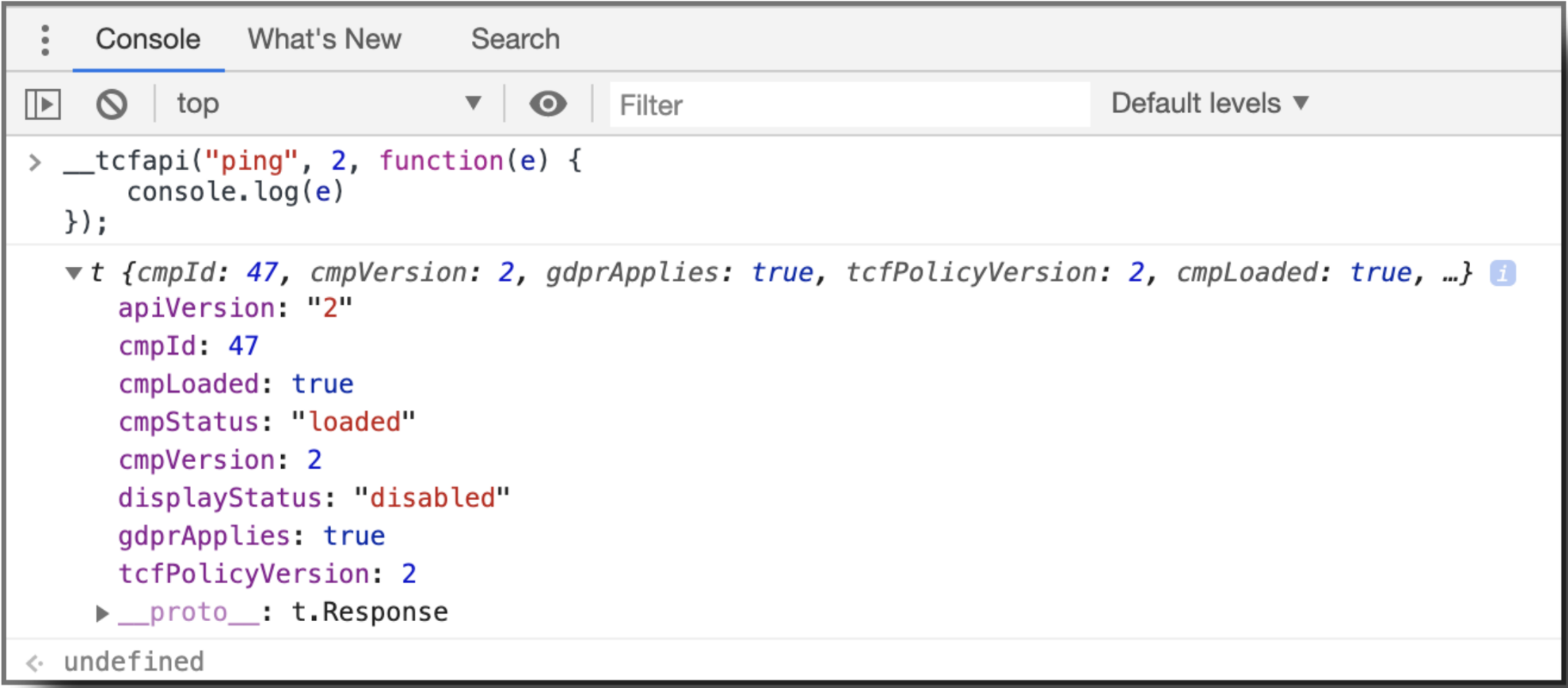Example ping console output