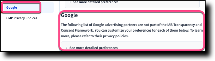 Google Ads IAB Vendor listing example