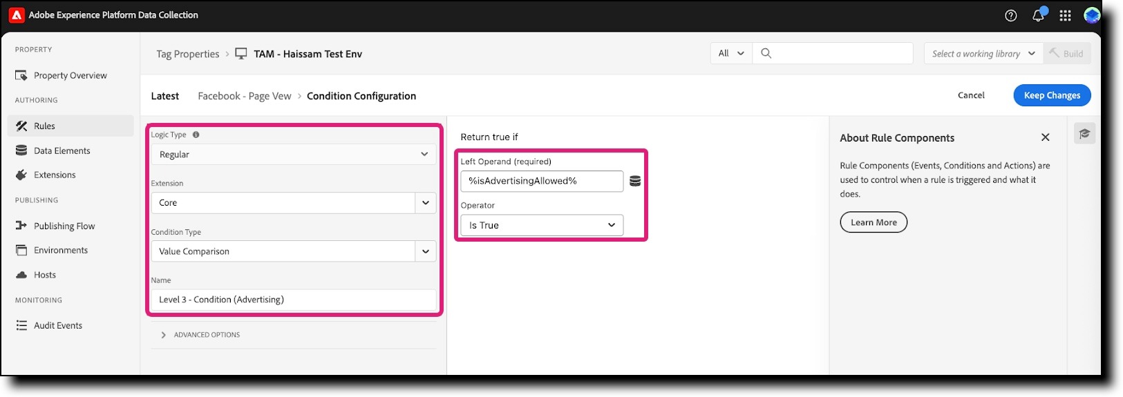 Advertising condition configuration
